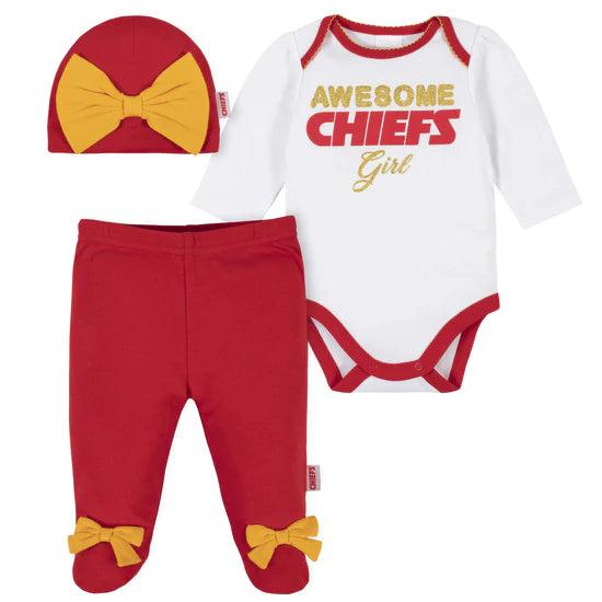 Kansas City Chiefs Baby Girls Bodysuit, Pant, and Cap Set "Awesome"- By Gerber
